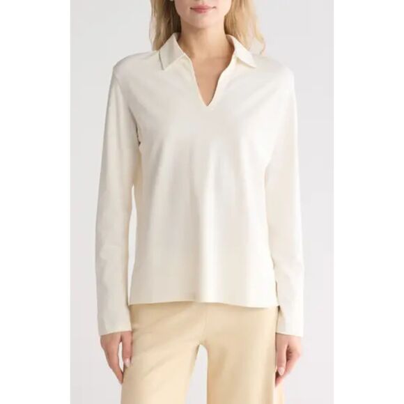 Theory Spread Collar Cotton Blend Popover Top in Cream Size Medium - Picture 1 of 6
